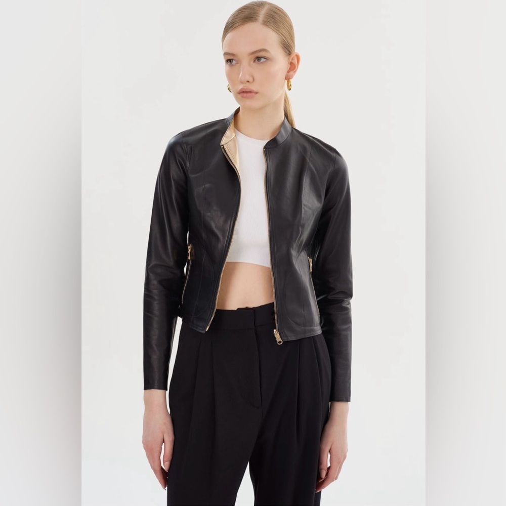NWT LAMARQUE CHAPIN Reversible Leather Bomber Black Gold Size XS